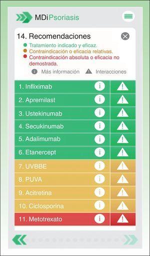 Screenshot of recommendations made by the MDi-Psoriasis application for patient number 5 (Table 1). NB–UV-A refers to narrow-band UV-A phototherapy; PUVA, psoralen plus UV-A phototherapy. Translator's note: The English texts from this Spanish-language application have been translated for information purposes.