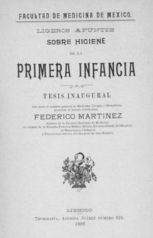Portada de la tesis inaugural de Federico Martínez, expracticante del Hospital de Maternidad e Infancia, 1899.
