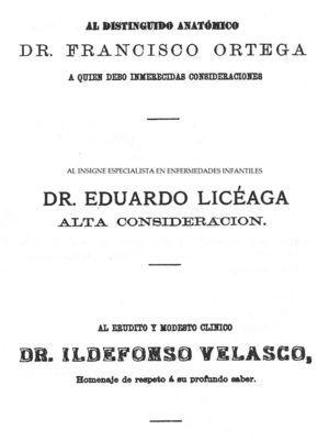Dedicatoria de la tesis inaugural de Mariano Herrera y Jayme al Dr. Eduardo Liceaga, insigne especialista en enfermedades infantiles, 188115.