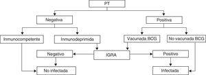 Algoritmo de utilización de la prueba de tuberculina (PT) y técnicas de determinación del interferón gamma (IGRA) para el diagnóstico de la infección tuberculosa durante la gestación (adaptación para la gestante de la propuesta de la SEPAR para la población general20).