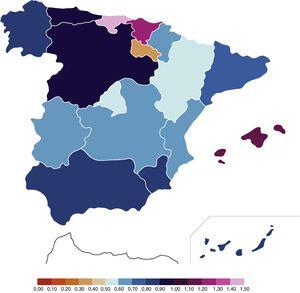 Incidencia de RN con EHI moderada-grave en el periodo de estudio 2012-2013. Los datos se expresan en diagnósticos de EHI moderada-grave/RNV total×1.000. Cantabria no incluye datos de 2012, por lo que la tasa es la correspondiente al año 2013.