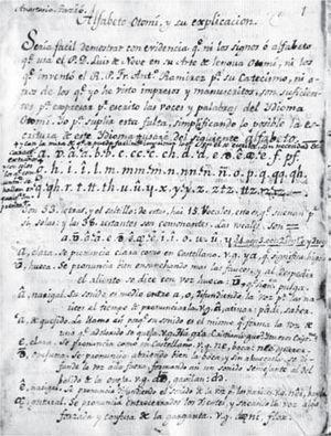 Folio I del Alfabeto otomí y su explicación, Anastasio Tazió, 1804. Acervo: Biblioteca del inah