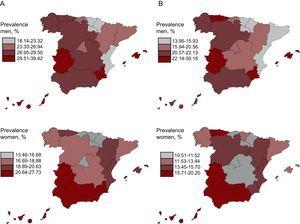 Prevalence of metabolic syndrome (A) and premorbid metabolic syndrome (B) in the Spanish population aged 18 years or older from 2008 to 2010, by autonomous community. Autonomous communities were classified into quartiles of prevalence. The analysis was standardized by sex and age.