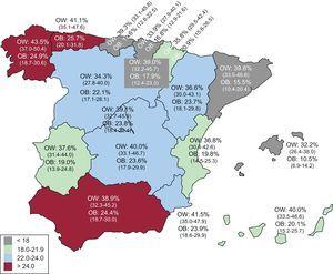 Map of obesity prevalence in the adult population (aged 25-64 years) in Spain. Age-adjusted rates. 95% confidence interval between parentheses. OB, obesity; OW, overweight.