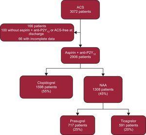 Patient flow diagram. ACS, acute coronary syndrome; anti-P2Y12, P2Y12 platelet receptor inhibitors; NAA, new antiplatelet agents.