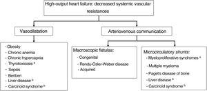 Classification of the causes of high-output heart failure based on pathophysiology. aThese symptoms are associated with some degree of hypermetabolism. bThese symptoms share vasodilation and microfistulas in their pathophysiology.