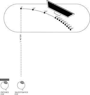 Schematic representation of the experiment setup. The participants were seated at a distance of one meter from a computer monitor with the head stabilized. The visual acuity was measured using staircase procedure at the fovea and different eccentricities by physically moving the monitor in an arc fashion. This schematic representation shows the eccentricities at which visual acuity was measured for emmetropes at temporal direction.