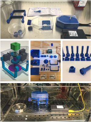 Bioreactor. Graphic design plans and parts printed in PETG. The central image on the right shows the pistons that print the compression and shear movement and the culture wells.