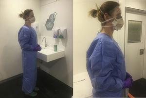 Personal protective equipment (PPE), consisting of a pair of powder-free long-sleeved nitrile gloves, a long waterproof gown, a FFP2 mask, and a full-screen surgical mask. This list of individual protective equipment is under permanent review depending on the evolution and new information available on SARS-CoV-2 disease.