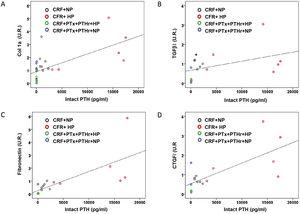 Correlations between molecular markers of cardiac fibrosis and serum levels of intact PTH. Simple scatter plot of the correlations of intact PTH serum levels with A) collagen 1 mRNA (UR), B) TGF-βI mRNA (UR), fibronectin mRNA (UR), D) CTGF mRNA (UR) in hearts of rats from all treatment groups.