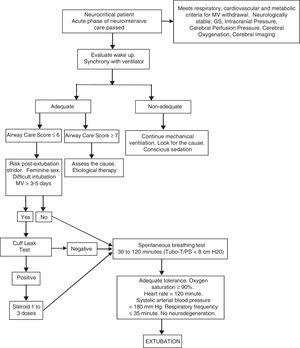 Algorithm for weaning from MV and extubation in neurocritical patients.