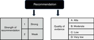 Strength and degree of recommendation according to the GRADE methodology.