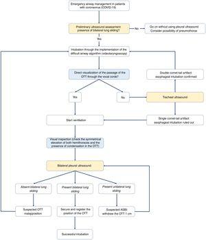 Emergency airway management in patients with coronavirus. Algorithm for emergency airway management in patietns with coronavirus though comprehensive management including visual inspection and ultrasound use. Before starting intubation, it will be necessary to confirm the presence of bilateral lung sliding. After preliminary verification, the OTI will be initiated through the implementation of the difficult airway management algorithm of every center. Here the videolaryngoscopy as the first device is advised. The direct visualization of the passage of the OTT through the vocal cords facilitates the start of ventilation, the identification of visual signs of a proper intubation, and the adjustment of the position of the OTT using the bilateral pleural ultrasound. Being unable to see the passage of the OTT through the vocal cords rules out the possibility of esophageal intubation before starting ventilation to avoid the pulmonary aspiration of gastric content.