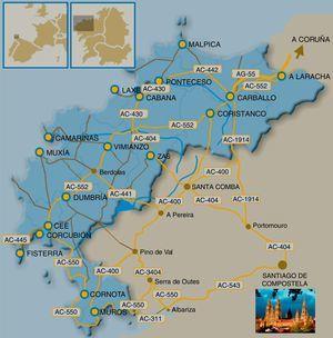 Map of Costa da Morte, in the Atlantic coast of Galicia.