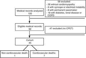 Flowchart of analysis of medical records at each stage of the study. COPD: chronic obstructive pulmonary disease; CPET: cardiopulmonary exercise testing.