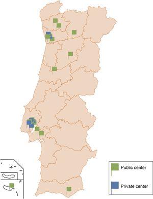Geographical distribution of public and private electrophysiology centers in Portugal.