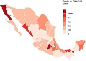 Distribution of patients with laboratory-confirmed COVID-19 infection in Mexico by state.