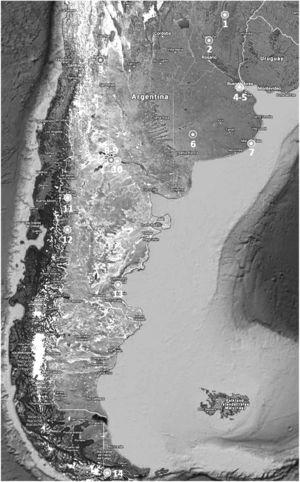 Distribution of the Argentinian sites that participated in the study. The research sites were: 1: Esquina, 2: Santa Fe, 3: Mendoza, 4 and 5: Ciudad de Buenos Aires, 6: Coronel Suárez, 7: Mar del Plata, 8 and 9: Neuquén, 10: General Roca, 11: Bariloche, 12: Esquel, 13: Comodoro Rivadavia, 14: Ushuaia.