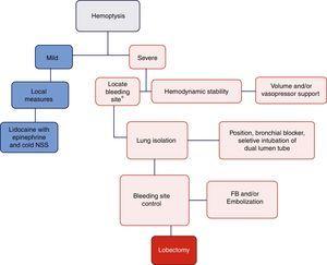 Algorithm proposed for the management of massive hemoptysis during fibrobronchoscopy. *With rigid fibrobronchoscope (FB) if proximal bleeding is suspected or flexible FB if the bleeding is distal. NSS: normal saline solution. Mild hemoptysis: no hemodynamic involvement and self-limiting bleeding. Severe hemoptysis: causes hemodynamic instability, requires transfusion, or results in hypoxemic respiratory failure.
