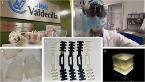 Face shields (1), surgical headlight accessories (2), ear clips for masks (3), connectors for non-invasive ventilation (4) and nasopharyngeal and oropharyngeal swabs (5) manufactured by 3D printing at the Hospital Marqués de Valdecilla.