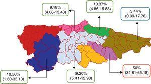 Prevalence of ankyloglossia in the different health districts of the Principality of Asturias. Prevalences expressed as percentages and 95% confidence intervals in parentheses.