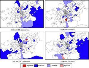 LISAs with EB smoothing. Most frequent tumour types in the municipality of Murcia. Sections in red correspond to census tracts with high incidence rates of paediatric cancer surrounded by other high-incidence areas (high–high). Sections in blue (low–low) correspond to census tracts with low incidence rates surrounded by other low-incidence areas. We found high-incidence hot spots for CNSTs and lymphoma. The analysis of lymphoma cases grouped together Hodgkin and non-Hodgkin lymphoma cases. EB, empirical Bayes method; LISA, local indicator of spatial association; CNSTs, central nervous system tumours.