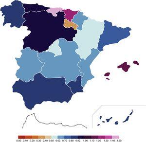Incidence of NBs with moderate-to-severe HIE in the 2012–2013 period. Data expressed as number of moderate-to-severe HIE diagnoses/total live births×1000. We do not have data for 2012 for Cantabria, so the incidence reported for Cantabria corresponds to 2013.