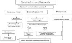 Therapeutic algorithm proposed for eosinophilic esophagitis. (Source: Lucendo A et al. Guidelines on eosinophilic esophagitis: evidence-based statements and recommendations for diagnosis and management in children and adults. United European Gastroenterol J. 2017;5:335–58). 1 In patienteswith persistent symtoms under anti-inflammatory therapy, endoscopic dilation should be considered. 2 Refer the patient to an EoE center.