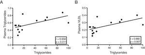 The myocardial triglyceride content is associated with plasma triglyceride and VLDL levels. Spearman correlation test results showing the association between myocardial content of myocardial triglycerides and plasma triglyceride levels (A) and VLDL (B).