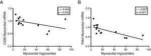 The myocardial triglyceride content is inversely associated with the expression of Cd36 and Pdk4. Spearman correlation test results showing the association between myocardial content of myocardial triglycerides and cardiac mRNA levels of Cd36 (A) and Pdk4 (B).