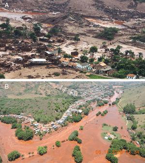 Buildings affected by the Fundão tailings dam: (A) District of Bento Rodrigues, Mariana and (B) Urban area of the municipality of Barra Longa.