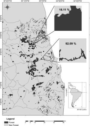 Map of the study region in the state of Paraíba, Northeast Brazil, showing the remaining Atlantic forest patches (dark gray), the agricultural crops (light gray; mostly sugarcane), and the 60 landscapes of 1km2 (black squares) sampled during the rainy seasons of 2011–2016. In detail, a forest-dominated landscape with only 18.11% of its area covered by sugarcane plantations and a cropland-dominated landscape with 92.09% of sugarcane cover. Gray lines represent municipality limits. Other 60 landscapes (not shown) were sampled during the dry seasons of the same period.