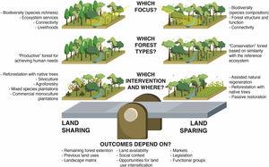 Four critical questions to support decisions on forest and landscape restoration. The questions are illustrated with examples of responses that hint forces pulling FLR implementation under the two endpoints of the land sharing/sparing gradient.