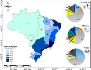 Map of Brazil depicting human-population density of the 12 Hydrographic Regions (HRs). On the right side the proportion of cases studied (%) in each HR for the three invertebrate groups analyzed is shown. The numbers in the map and the color in the graphs represent each HR: 1 Amazonian, 2 Tocantins-Araguaia, 3 Western Northeastern Atlantic, 4 Parnaiba, 5 Oriental Northeastern Atlantic, 6 San Francisco, 7 East Atlantic, 8 Southeastern Atlantic, 9 Paraná, 10 Paraguay, 11 Uruguay, 12 South Atlantic.