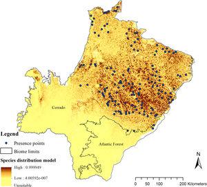 Giant armadillo (Priodontes maximus) potential distribution model (SDM) in the state of Mato Grosso do Sul, Brazil, with the presence points used for modeling.