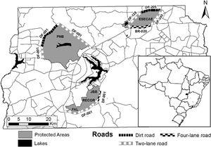Study area with locations of monitored roads and protected areas. ESECAE, Ecological Station of Águas Emendadas; FAL, Experimental Farm of the University of Brasília; JBB, Botanical Garden of Brasilia; PNB, Brasília National Park; RECOR, IBGE Biological Reserve.