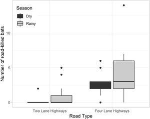 Boxplot comparing the number of road-killed bats between two- and four-lane highways in both dry and rainy seasons in the Brazilian Federal District from April 2010 to March 2015.