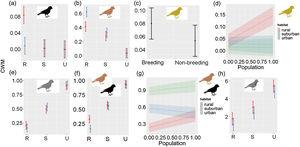 Community-level weighted mean values for plumage color (a) black, (b) brown, (c–d) olive, (e) grey, (f-g) dimorphism, and (h) iridescent plumage along urban-rural gradients. In (a), (b), (e), (f) and (h) red colors correspond to the breeding seasons and blue correspond to the non-breeding season. In (a)–(c), (e)–(f) and (h) points are means, and vertical lines are confident intervals. In (d) and (g) lines are fitted models and shaded areas confidence intervals. R: rural, S: suburban, and U: urban. City population size was rescaled between 0 and 1.