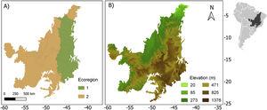 Ecoregion (a) and elevation (b) maps for the Brazilian Cerrado (sensu Sano et al., 2019). On map (b) the green colors represent the lowlands and the brown ones represent the highlands.