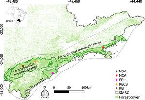 Sampling sites of lowland tapirs (Tapirus terrestris) in Atlantic forest, Brazil. NSV: Santa Virginia Nucleus (Serra do Mar State Park - PESM), NCA: Caraguatatuba Nucleus (Serra do Mar State Park - PESM), EEJI: Juréia-Itatins Ecological Station, PECB: Carlos Botelho State Park, PEI: Intervales State Park. PESM: Serra do Mar State Park. SMBC: Serra do Mar Biodiversity Corridor (Adapted from: “Conservation Internacional Brasil” and “Instituto Chico Mendes de Conservação da Biodiversidade”, 2018). PECB and PEI are located in the Paranapiacaba mountain range and NSV, NCA and EEJI in the Serra do Mar mountain range.