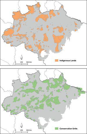 Distribution of the existing conservation units (A) and indigenous lands (B) in the Brazilian Amazon.