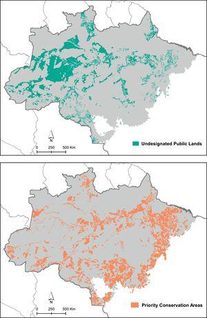 Distribution of the undesignated public lands (A) and priority conservation areas that are not undesignated public lands (B) in the Brazilian Amazon.