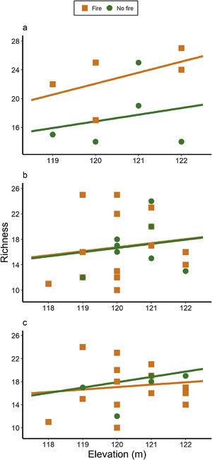 Ant species richness response to flood disturbances (elevation as proxy) and fire. In the short-term (a), there was a dominant effect of fire on ant species richness; whereas in medium- (b) and long-terms (c), none of the predictor variables influenced species richness.