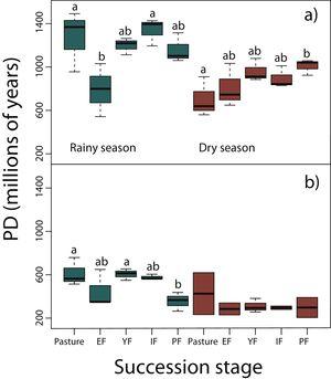 Phylogenetic diversity index (PD; Faith, 1992) in (a) reptiles, and (b) amphibians for each succession stage of the tropical dry forest in the study region during the rainy and dry season. Early forest, EF; young forest, YF; intermediate forest, IF; primary forest, PF. Statistically significant differences among treatments are indicated with letters.