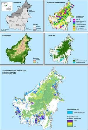 Projected deforestation probability and contextual layers across Borneo. a) Administrative boundaries of Indonesia, Malaysia and Brunei. The position of Borneo can be seen in the inlay. Brunei is excluded from maps b and e, as important predictors did not contain sufficient information for this country. b) Land-use within forested areas (PAs–Protected areas, ITP–industrial timber plantations, IOPP–Industrial oil palm plantations). c) Elevation was derived from a digital elevation model by (Jarvis et al., 2008), d) Forest types were derived from (Miettinen et al., 2016) by combining lowland, lower montane and upper montane evergreen forests to represent forests on mineral soils. e) Observed deforestation and projected summed probability of forest loss on Borneo over time (2018–2032). This value represents the fraction of simulation runs in which the forest in a pixel was lost; i.e. if a pixel was selected to be deforestation in that time period in 50 out of 100 iterations, then it has a 50% probability of deforestation. Observed deforestation and the individual projection time steps are shown in Fig. S2.