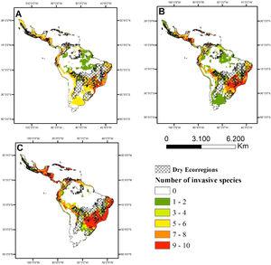 Potential distribution of climatically suitable areas for 10 invasive grass species in the Neotropics under future climate conditions (2100). (a) Projected species richness in SSP1-2.6, (b) projected species richness in SSP3-7.0, (c) projected species richness in SSP5-8.5. SSP1-2.6 = low-forcing scenario; SSP3-7.0 = the medium-forcing scenario; SSP5-8.5 = high-forcing scenario. Dry Ecoregions according to TNC – The Nature Conservancy (2009).