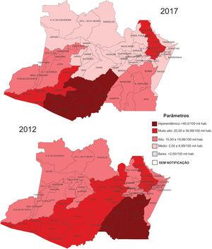 Taxas de detecção de novos casos de hanseníase por regiões do Amazonas, 2012 e 2017.