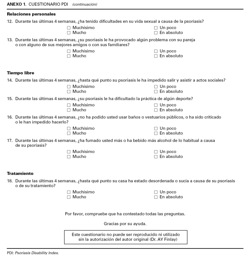 Validacion De La Version Espanola Del Cuestionario Psoriasis Disability Index En La Evaluacion De La Calidad De Vida En Pacientes Con Psoriasis Moderada Grave Actas Dermo Sifiliograficas