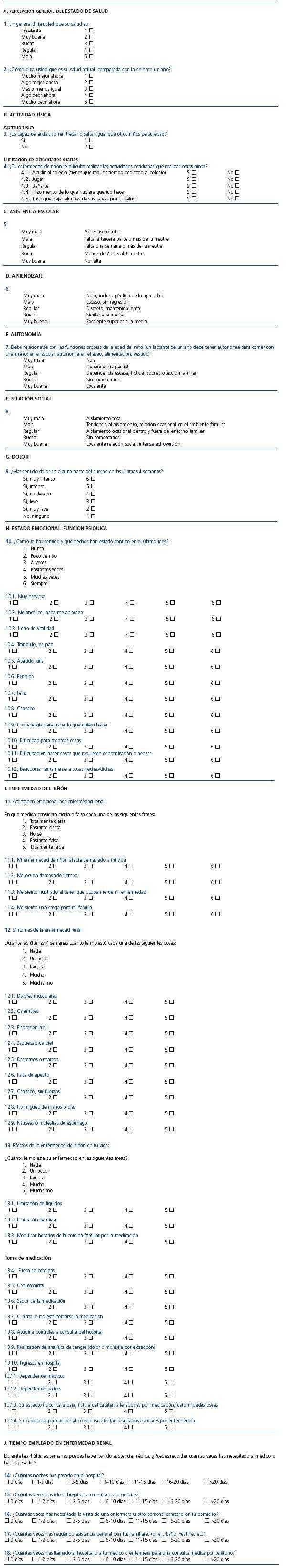 Desarrollo De Un Cuestionario En Espanol De Medida De Calidad De Vida En Pacientes Pediatricos Con Enfermedad Renal Cronica Nefrologia