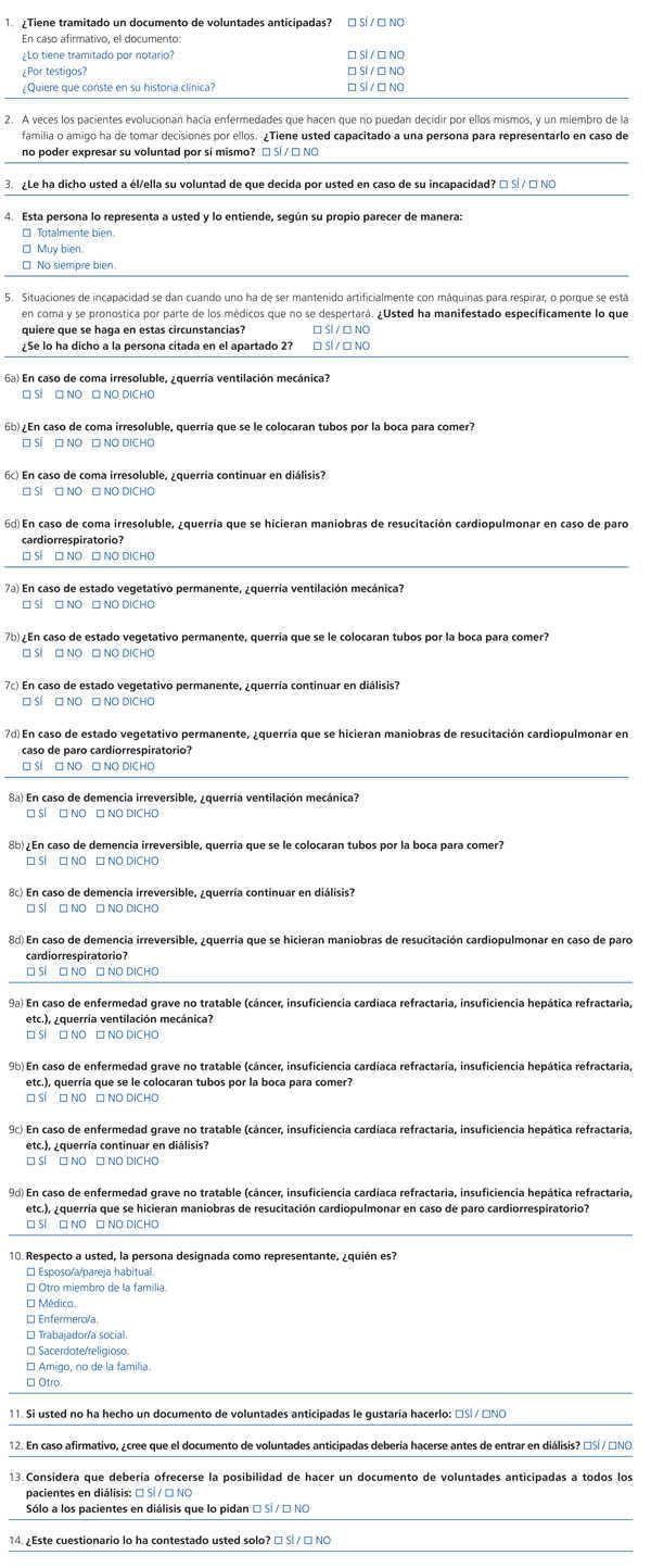 Evaluacion De La Opinion De Los Pacientes Con Enfermedad Renal Cronica En Dialisis Respecto Al Fin De La Vida Y La Planificacion Anticipada De Cuidados Nefrologia